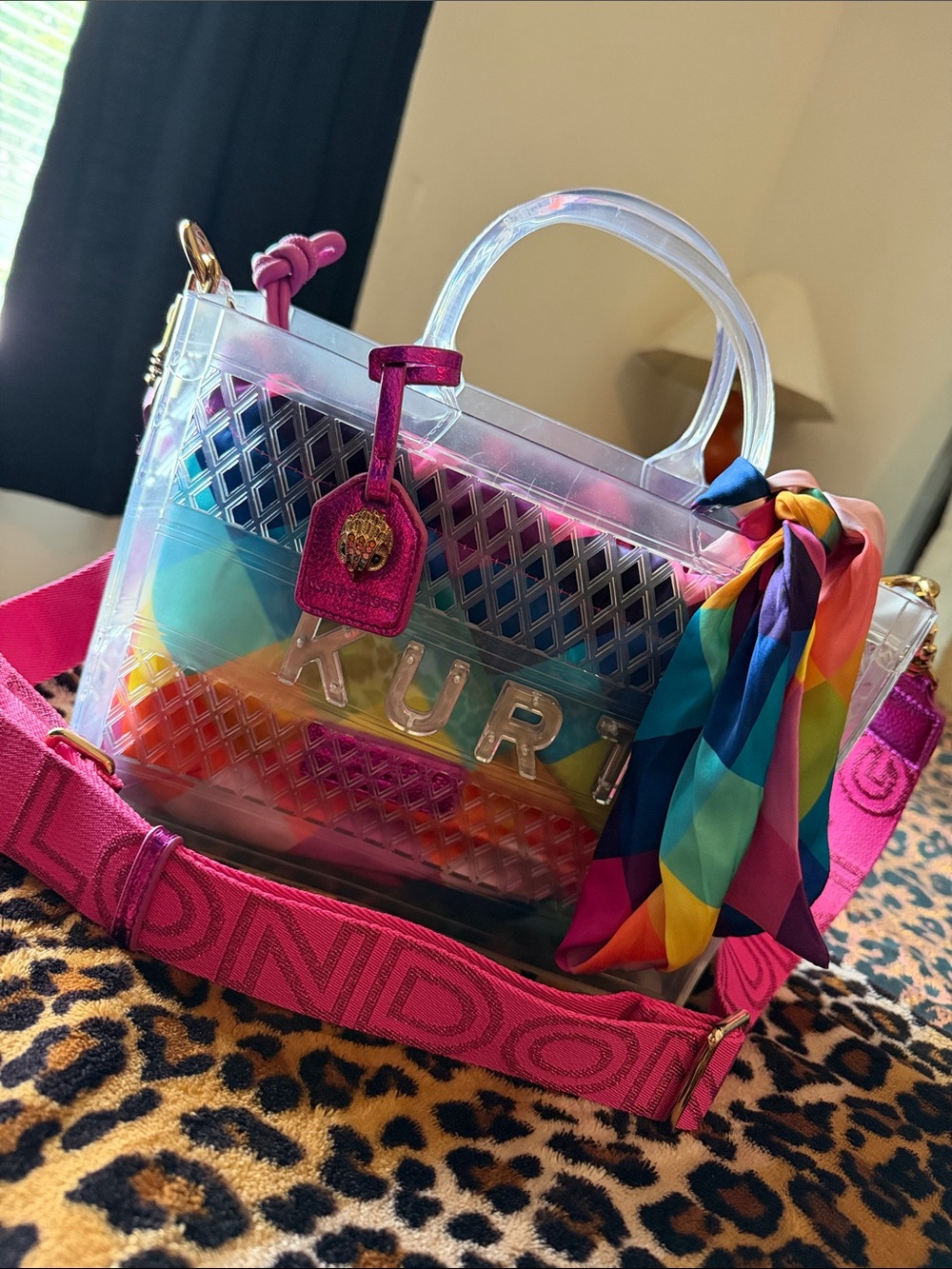 Kurt Geiger Clear Tote with Pink Strap and Rainbow Scarf